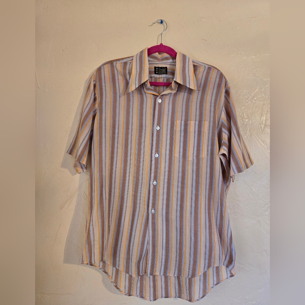 Towncraft Men's Short-Sleeve Button-Up Shirt in Tan, White & Blue Stripes